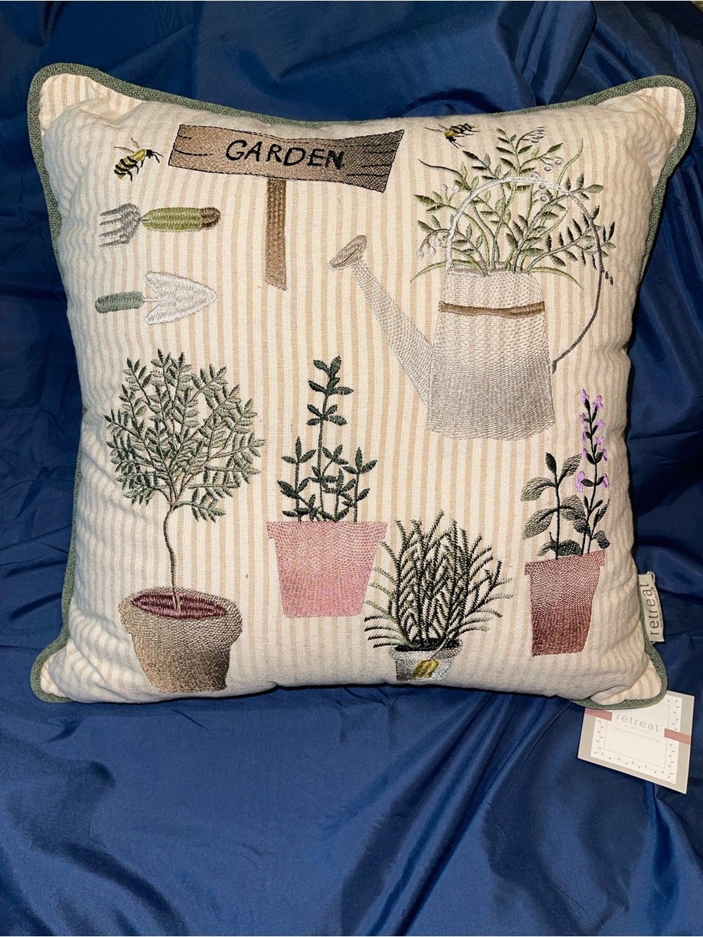 Retreat Garden Embroidered Throw Pillow - Cream with Green and Pink Accents